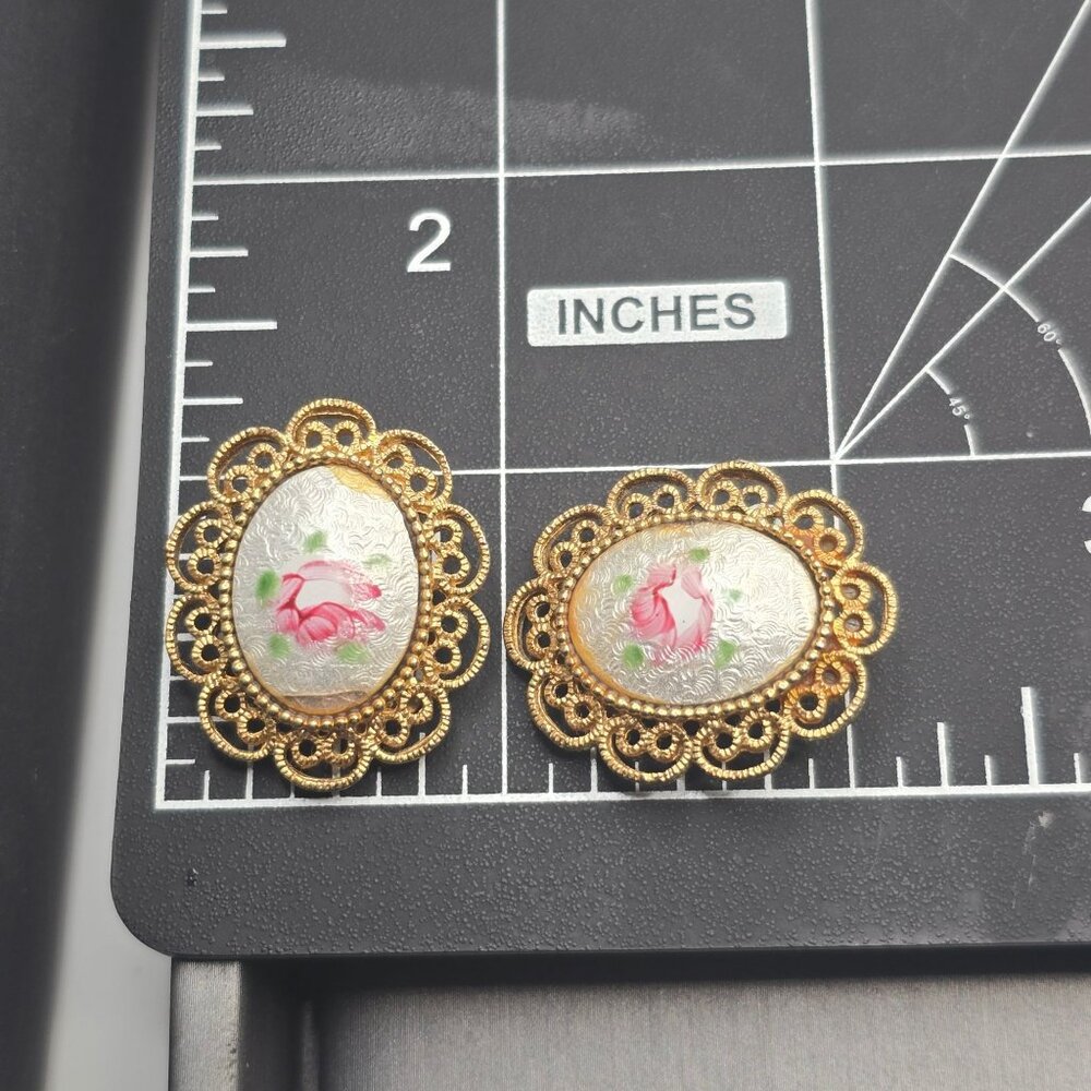 VTG Coro Rose Guilloche Bracelet & Clip-On Earrings Set Gold Tone Filigree - Picture 10 of 12
